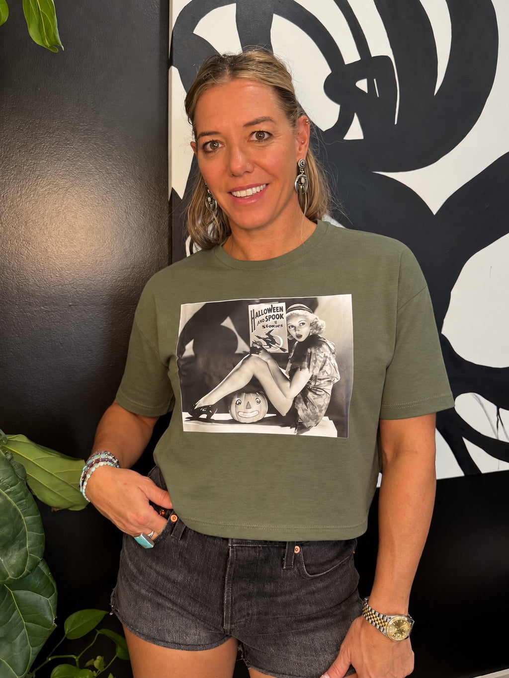 Spooky Stories Vintage Halloween Tee — Olive