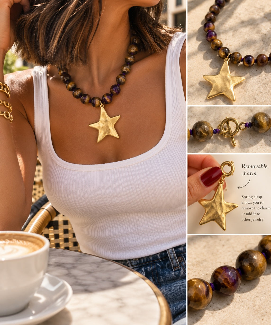 Faceted Tiger’s Eye Necklace with Removable Gold Star Charm