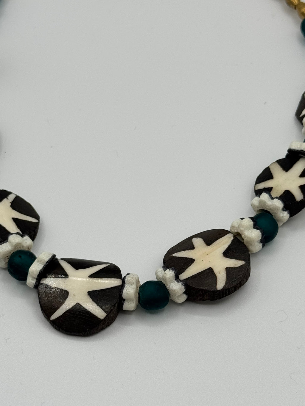 Batik Bone, Teal Glass &amp; West African Flower Bead Necklace