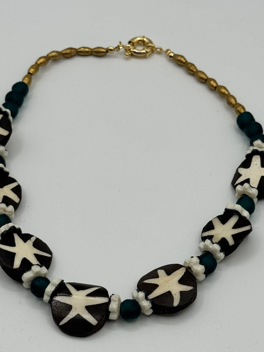 Batik Bone, Teal Glass &amp; West African Flower Bead Necklace