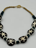 Batik Bone, Teal Glass &amp; West African Flower Bead Necklace