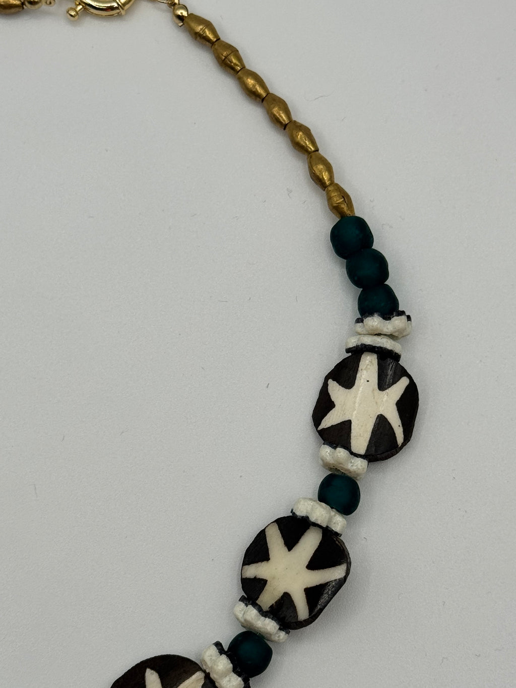 Batik Bone, Teal Glass &amp; West African Flower Bead Necklace