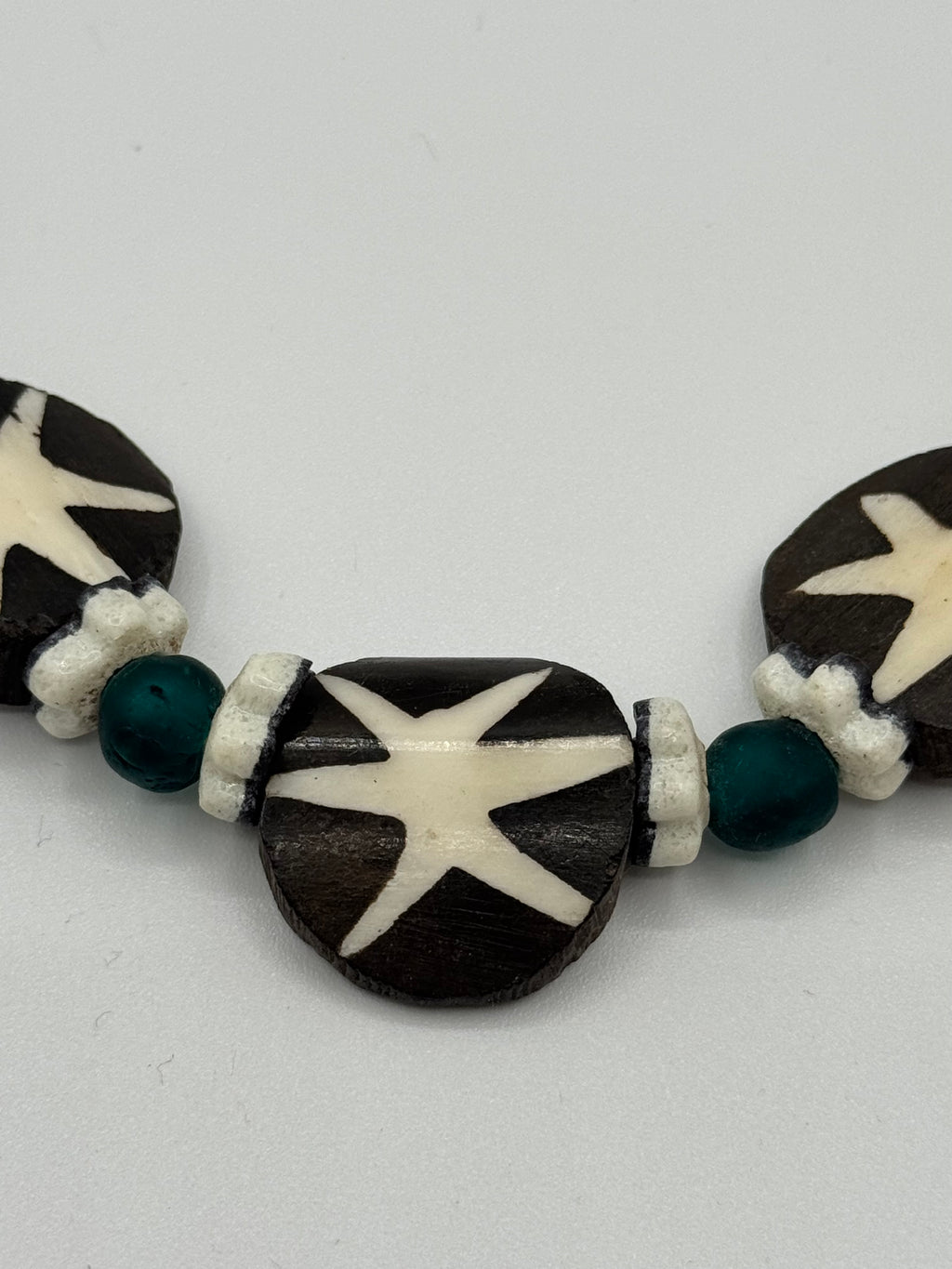 Batik Bone, Teal Glass &amp; West African Flower Bead Necklace