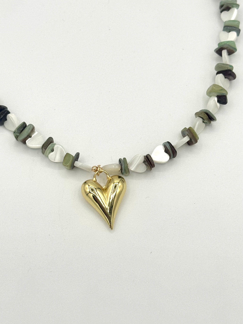 Mother of Pearl Heart & Green Shell Necklace