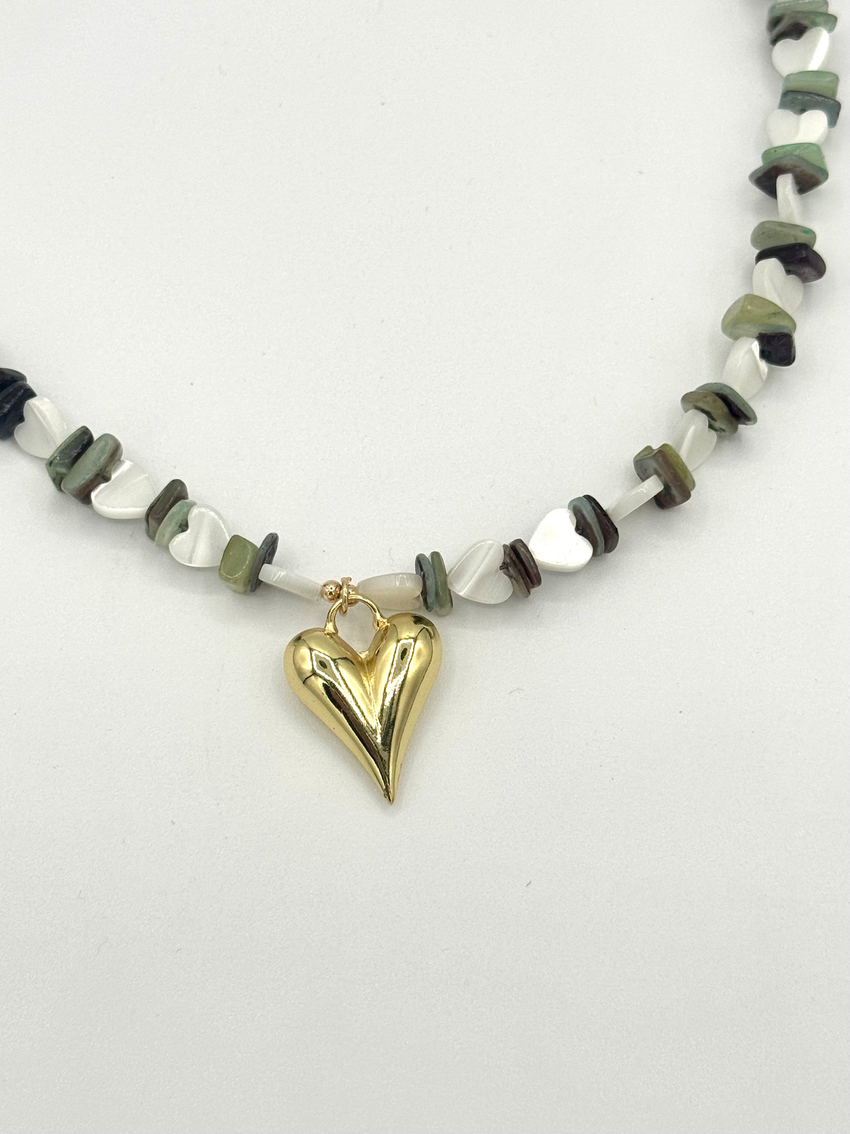 Mother of Pearl Heart & Green Shell Necklace
