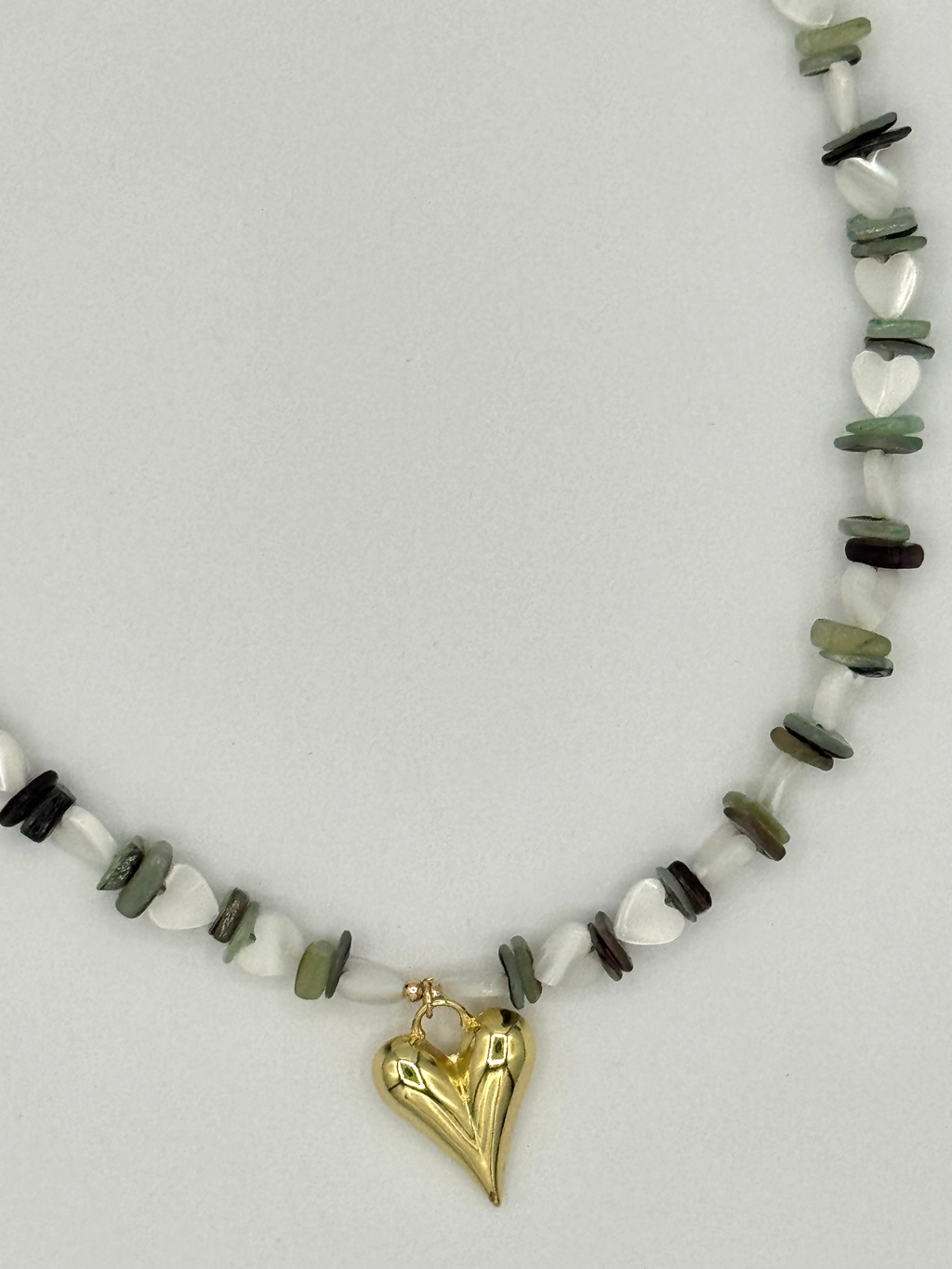 Mother of Pearl Heart & Green Shell Necklace