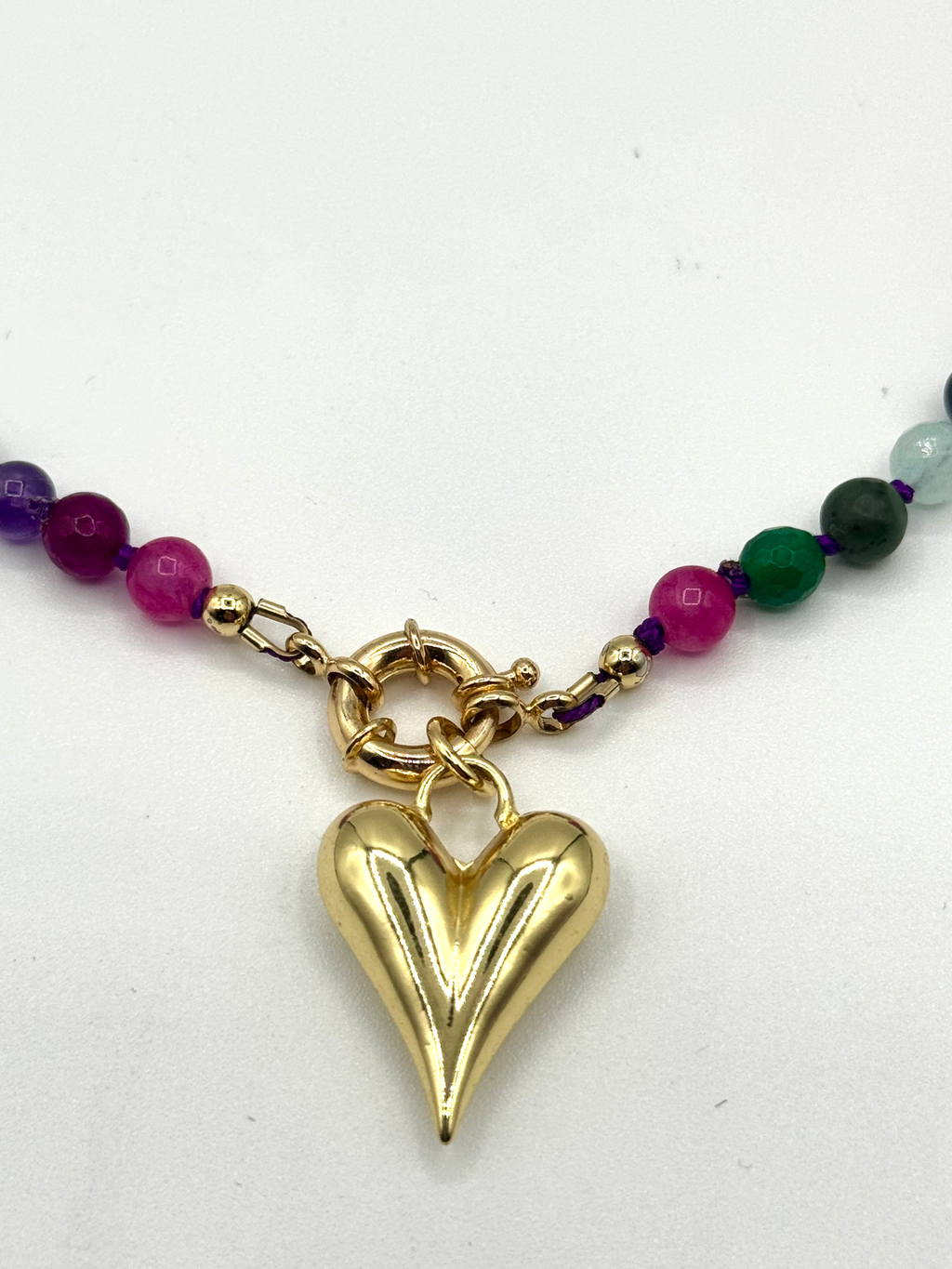 Multicolor Gemstone Puffy Heart Necklace | Gold-Filled Heart Charm
