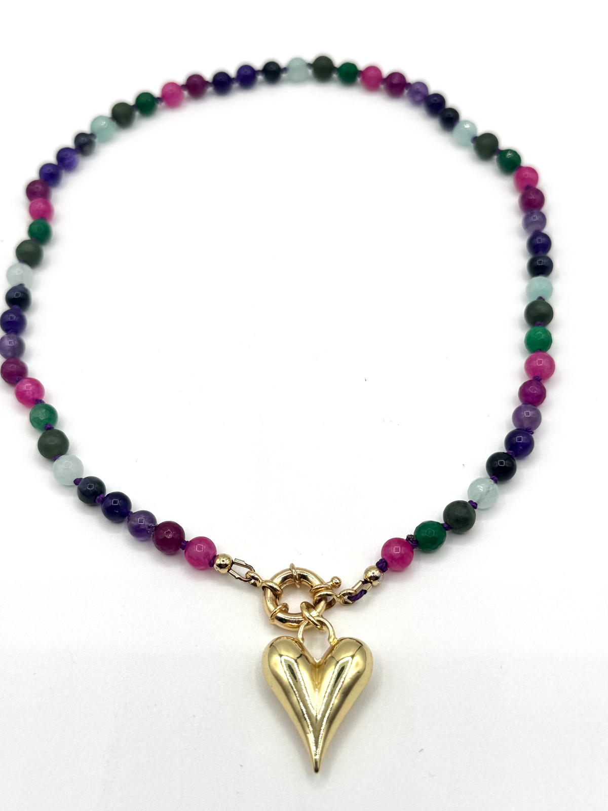 Multicolor Gemstone Puffy Heart Necklace | Gold-Filled Heart Charm