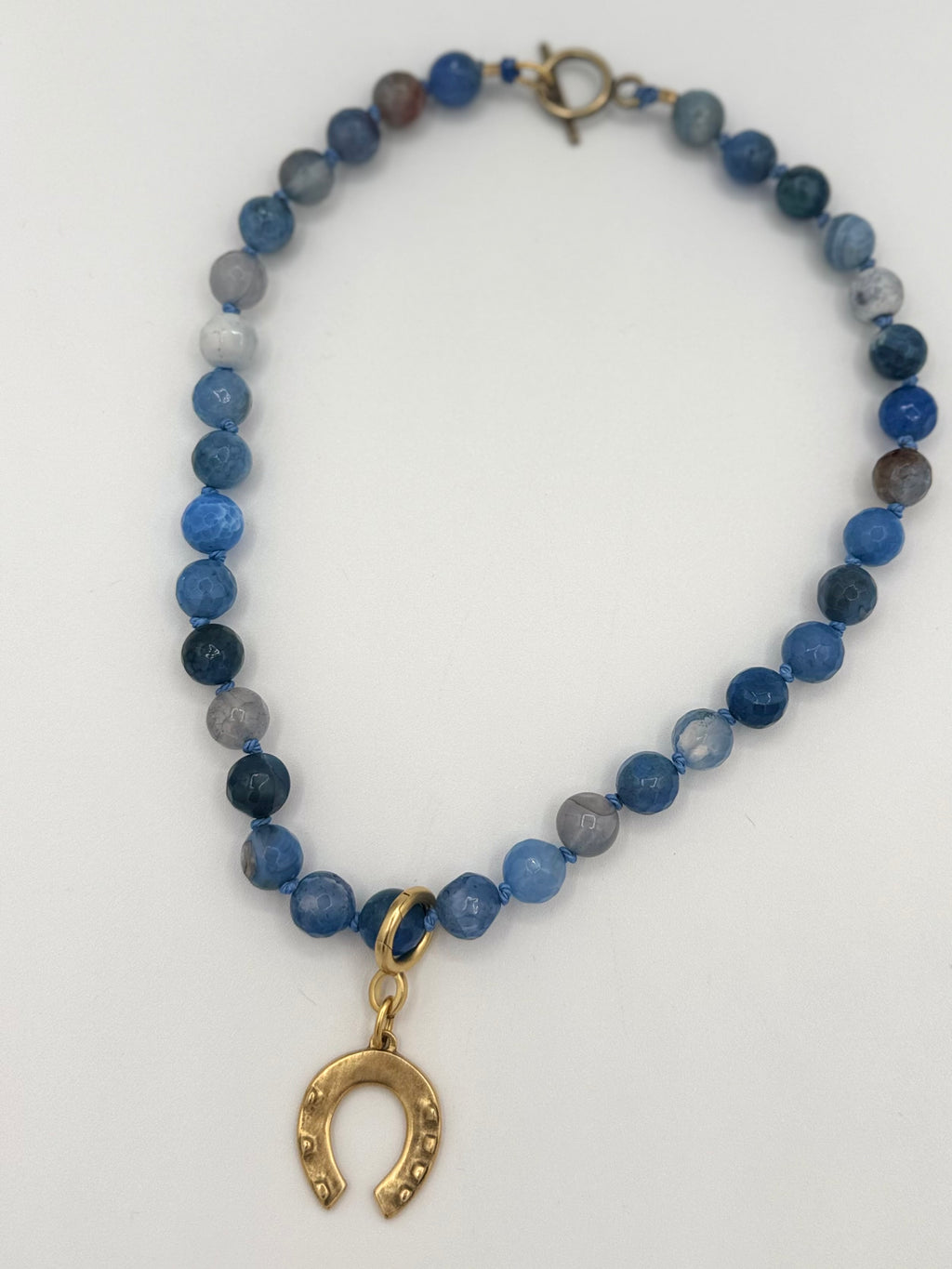 Cornflower Blue Agate Necklace with Removable Horseshoe Charm