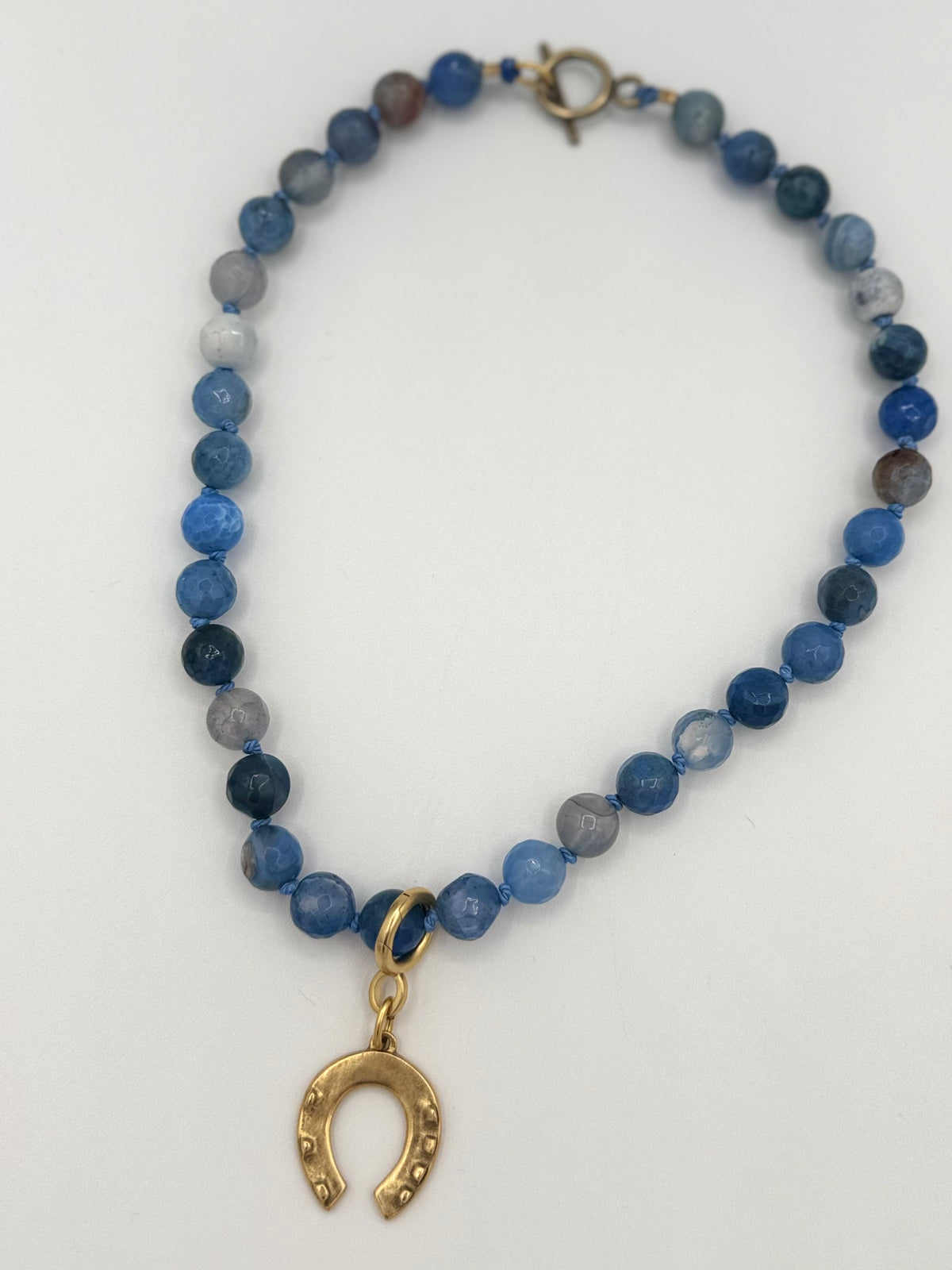 Cornflower Blue Agate Necklace with Removable Horseshoe Charm
