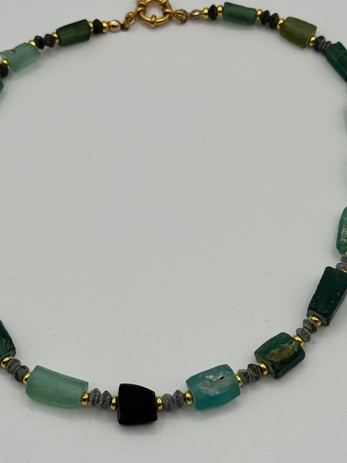 Green Glass + Gold Beaded Necklace