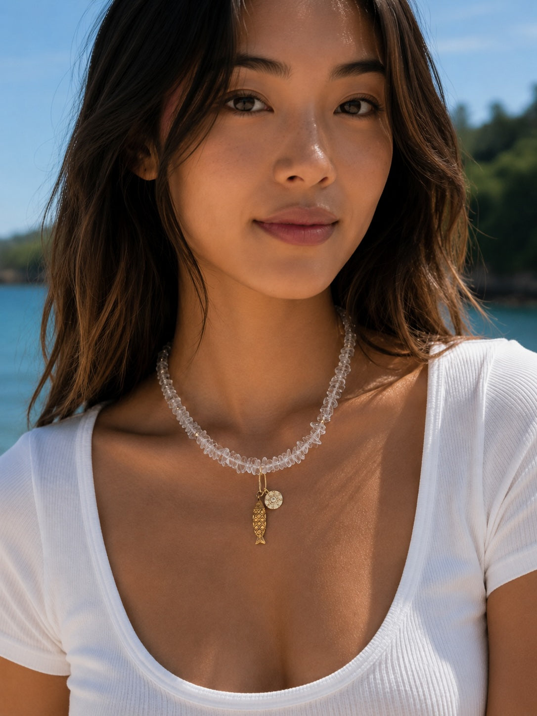 Clear Quartz Fish & Compass Charm Necklace