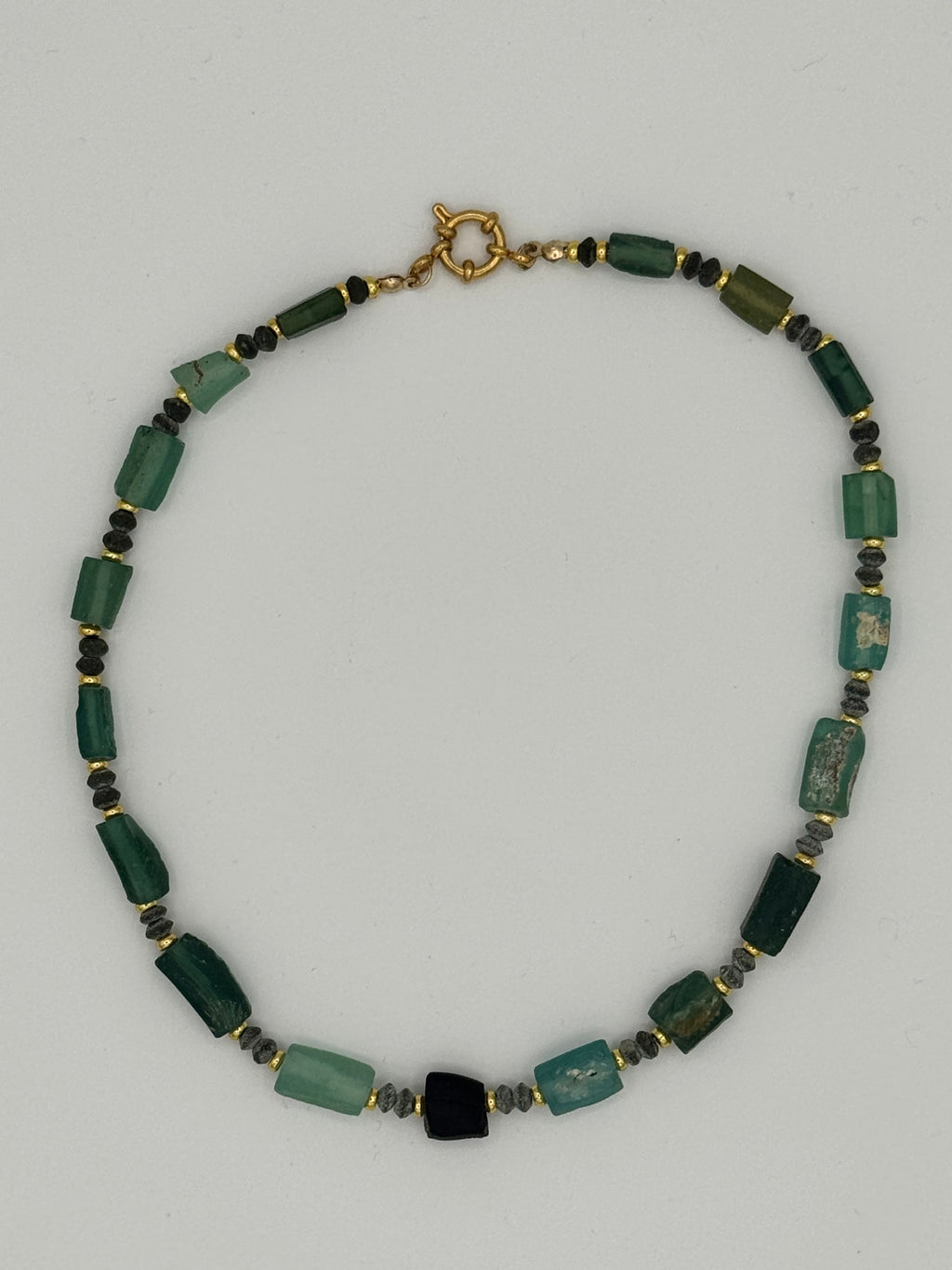 Green Glass + Gold Beaded Necklace