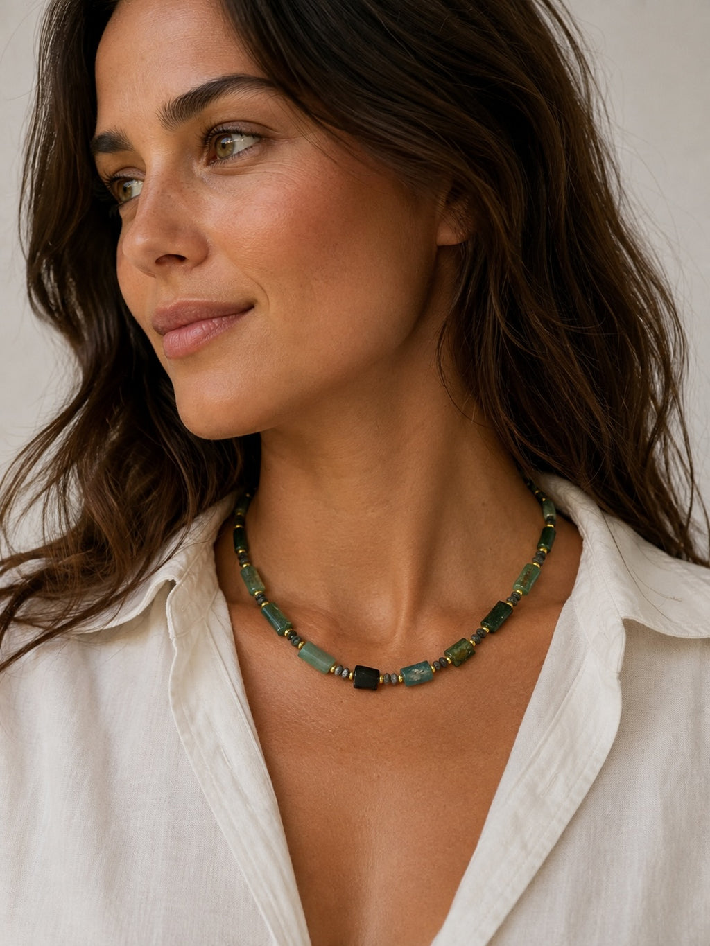 Green Glass + Gold Beaded Necklace
