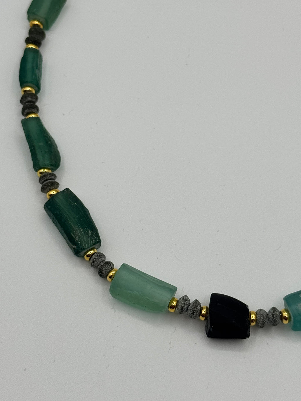 Green Glass + Gold Beaded Necklace