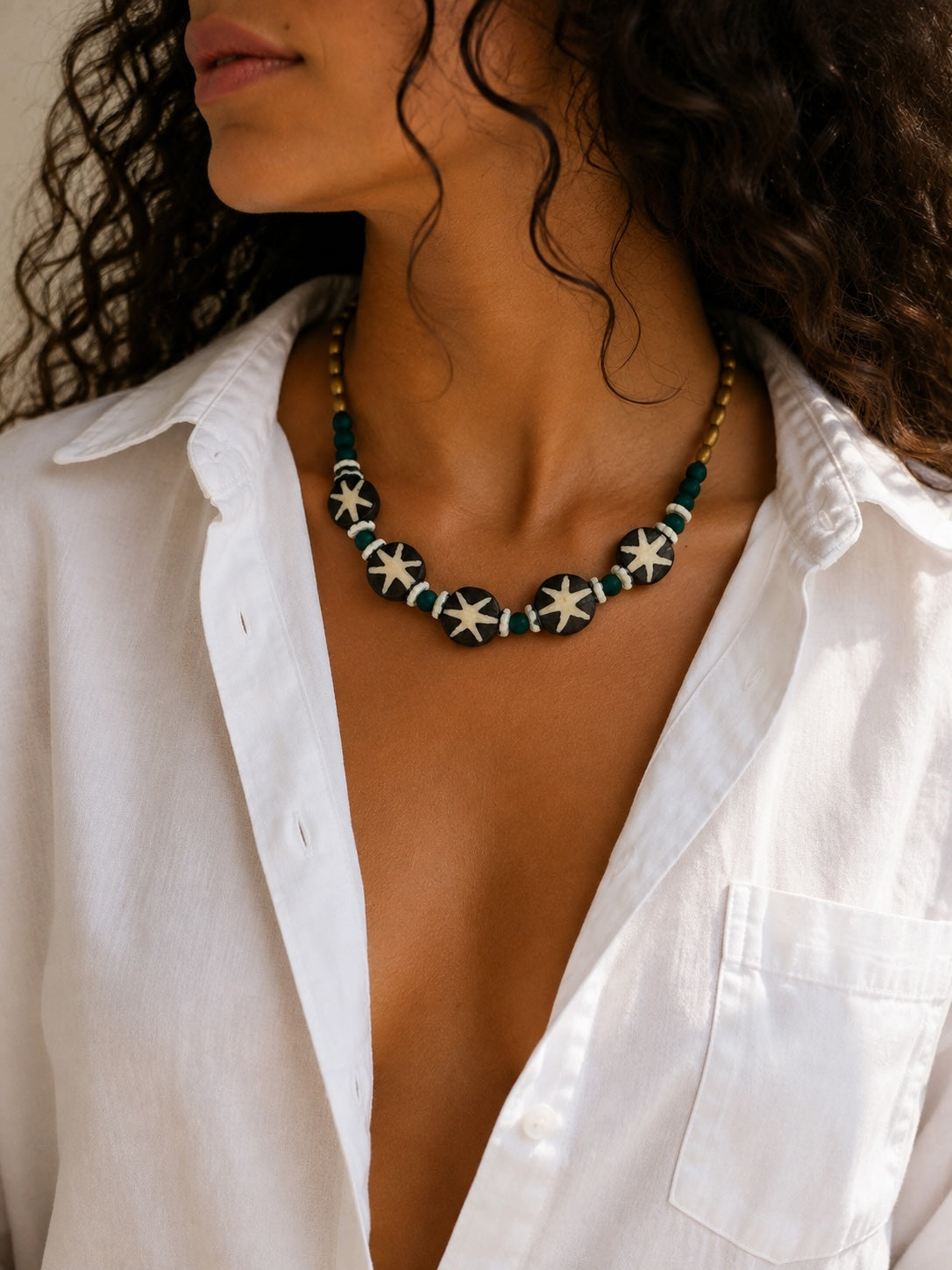 Batik Bone, Teal Glass &amp; West African Flower Bead Necklace